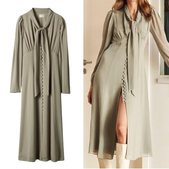 Aritzia Wilfred Mambo Dress Midi Victorian Button Down Tie US 8 Sage Green - Picture 2 of 15